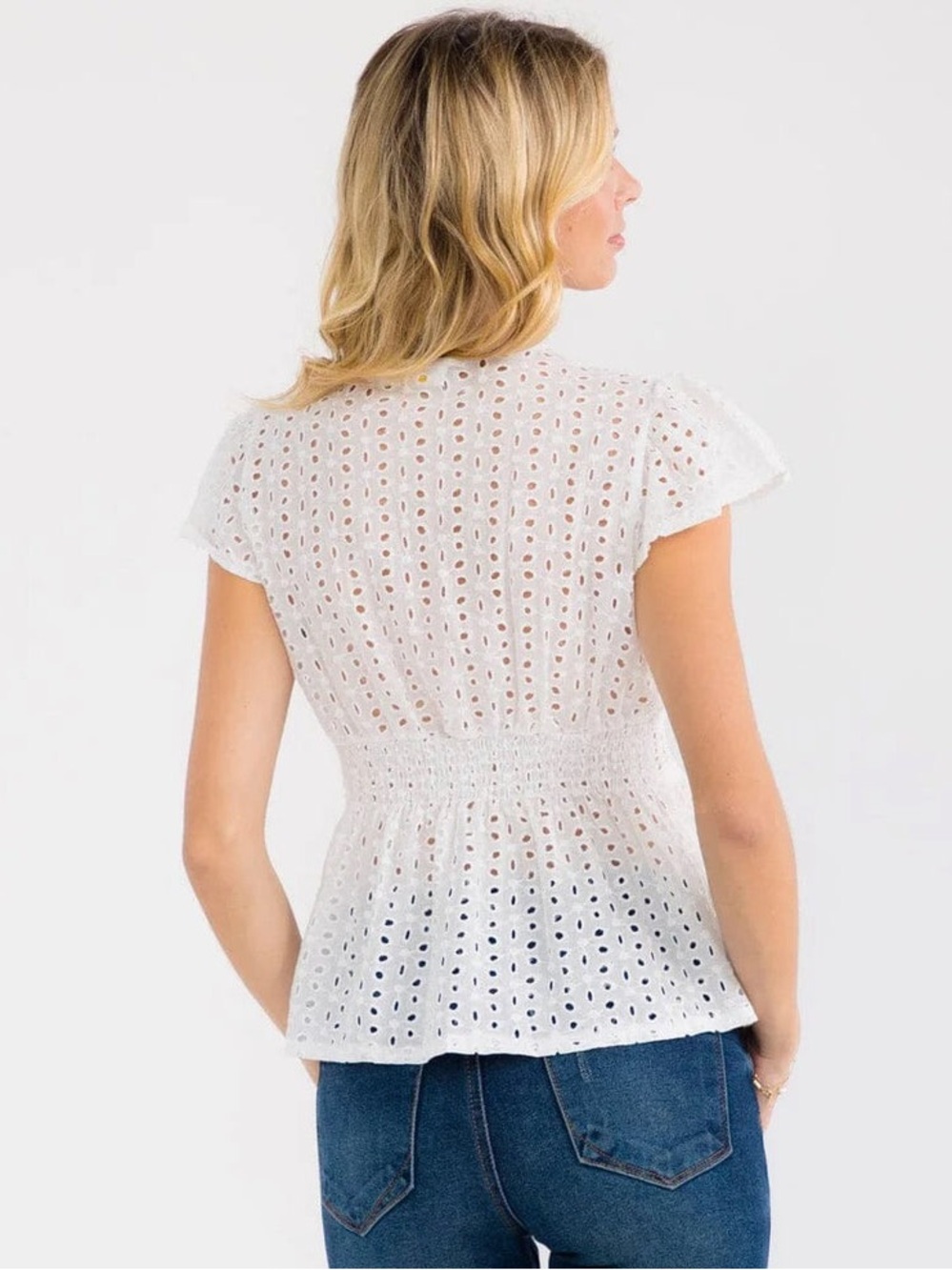 Lace-Trim Eyelet Peplum Top - White - Picture 4 of 7
